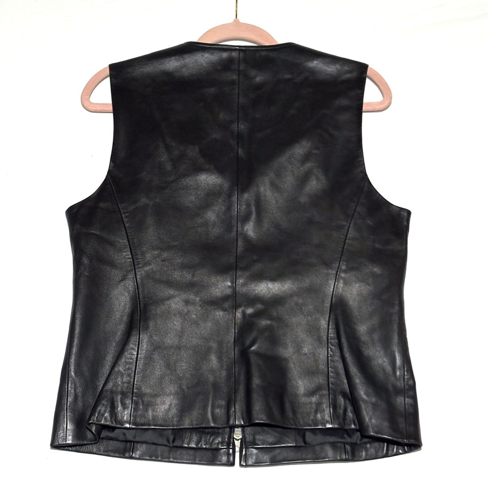 Talbots Leather Vest Womens 10 Black Full Zip Round Neck Shell Biker Moto Goth - Picture 2 of 6